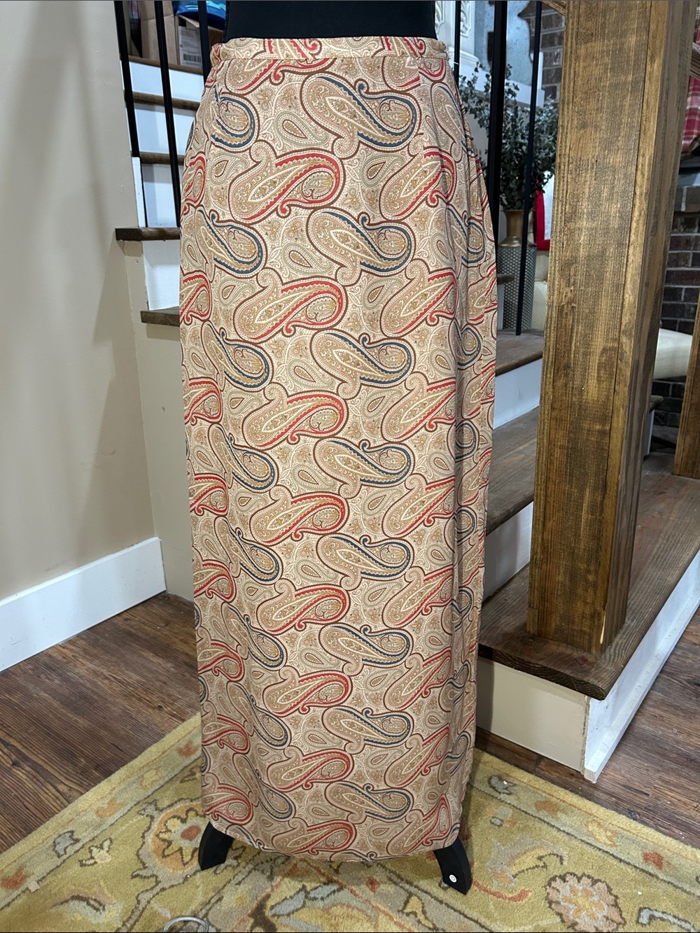 Harold's 6 Beige Paisley Maxi Skirt on tan with Red and Blue Motifs